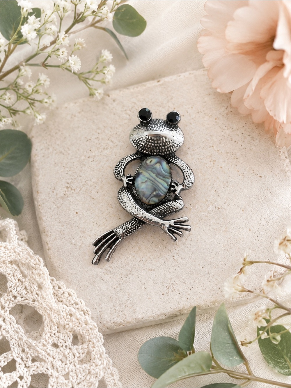 Silver Tone Frog Brooch or pendant with Abalone style Stone